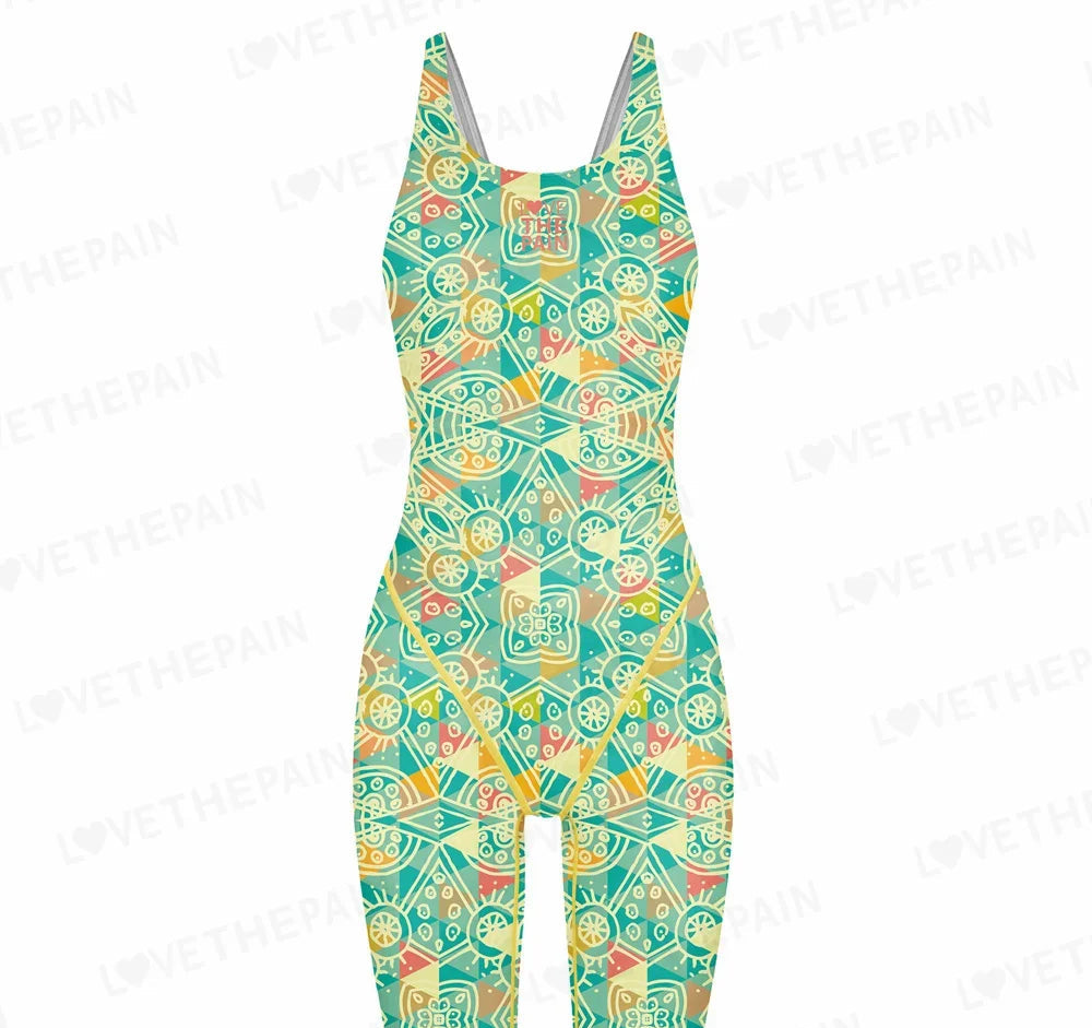 Love The Pain Women Racer Back Bodysuit Knee Length Swimsuit Professional Sports Training Swimwear Backless Athletic Swimsuit