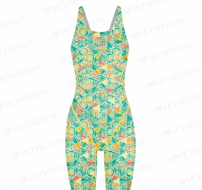 Love The Pain Women Racer Back Bodysuit Knee Length Swimsuit Professional Sports Training Swimwear Backless Athletic Swimsuit