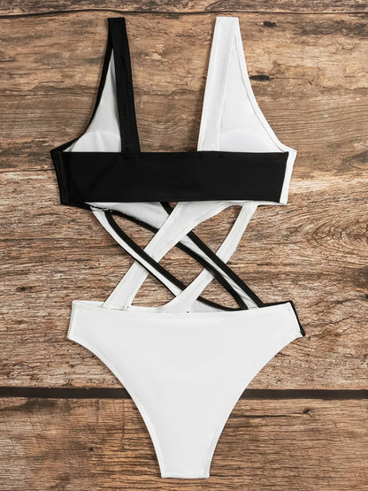 Splicing V Neck High Cut Women Swimwear One Piece Swimsuit Female Monokini Cross Bandage Bathing Suit Swim Beach Wear