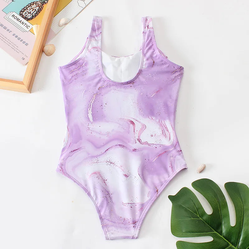 Purple Tie Dye Teens Girls One Piece Swimsuit 7-12 Year Kids Swim Suit Cut Out Children's Swimwear Bathing Suits Beachwear