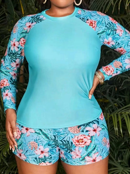 Tropical Long Sleeve Swimsuit Women Plus Large Size Swimwear Female Bathers Bathing Swimming Swim Suit Beachwear 4XL