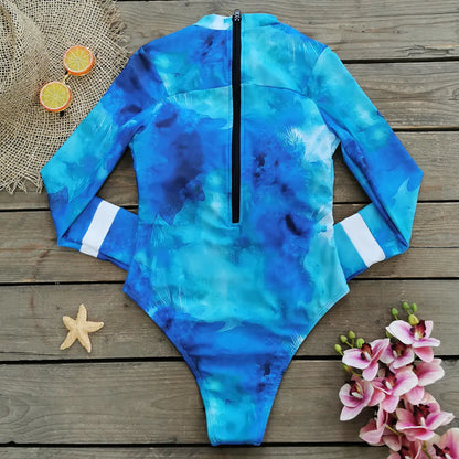 Women's Vintage Design Long Sleeve Rash Guard Surfing Suit Print Push Zip Up One Piece Swimsuit Sport Swimwear Beachwear Bodysuit