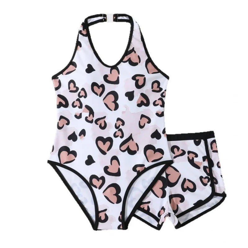 Girls One Piece Swimsuit 7-12 Year Kids Swim Suit Teenage Children's Swimwear Leopard Bathing Suits with Shorts Bodysuit