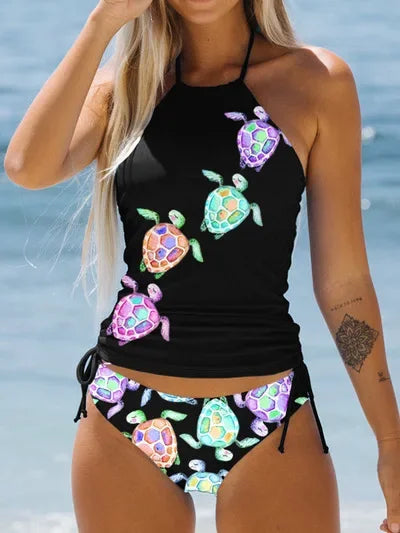 Women's Bathing Suit Coconut Drawstring Side Halter Neck Tankini Set Beach Wear Cute Swimwear Fashion Split Swimsuit