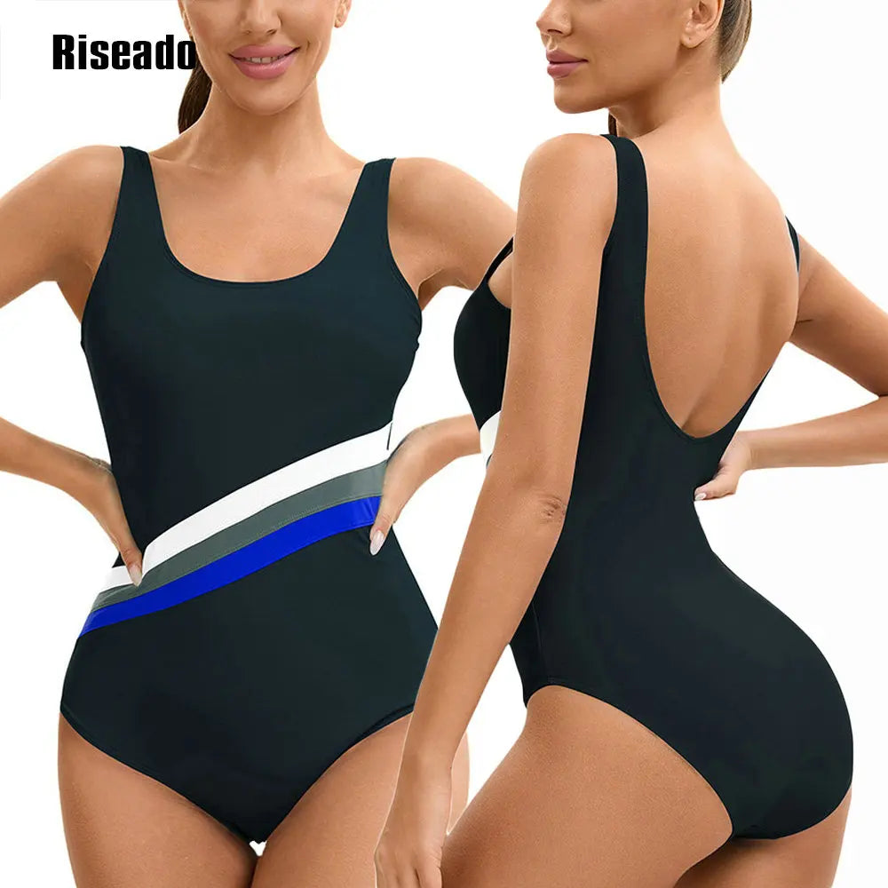 One Piece Swimsuit Women U Back Color Block Print Bathing Suits Athletic Modest Swimwear