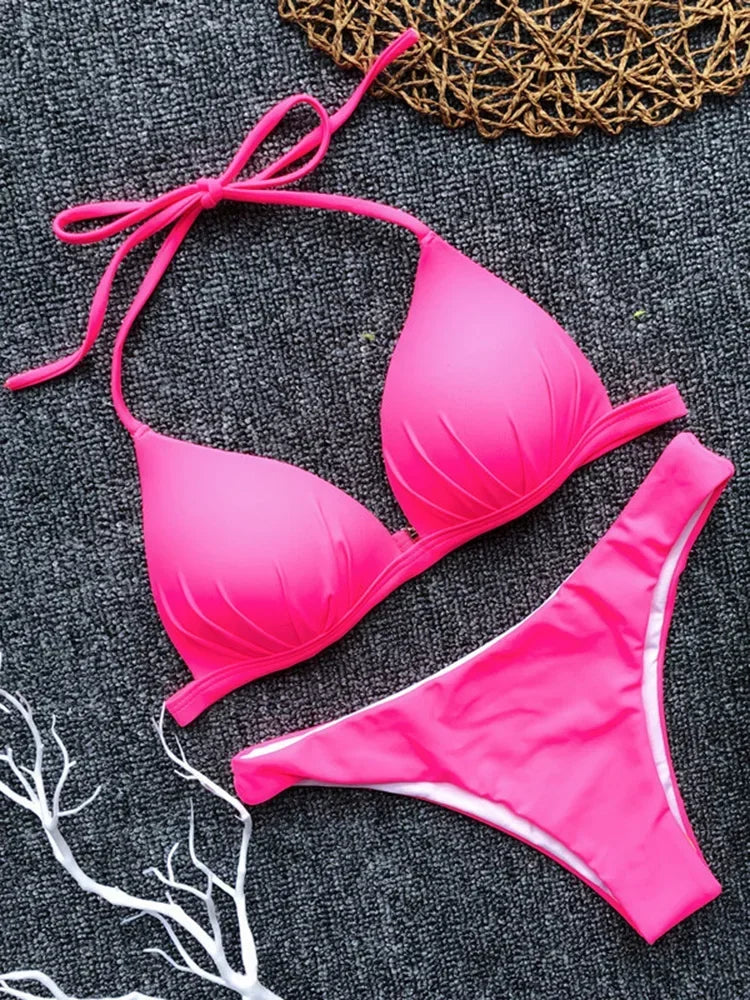 Halter Bra Cup Bikini Swimsuit Female White Swimwear Women Push up Bikini set Brazilian Bathing Suit Bandeau Swim suit