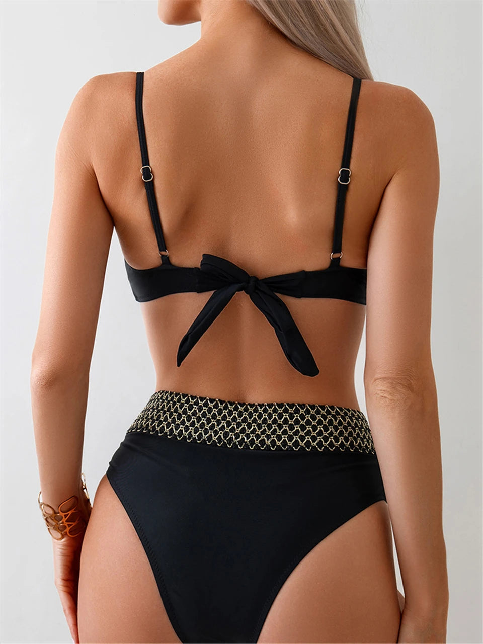 Ring Link Bikini Women High Waist Swimwear Back Lace Up Swimsuit Beach Wear Bather Bathing Suit Female Swimming Summer Lady