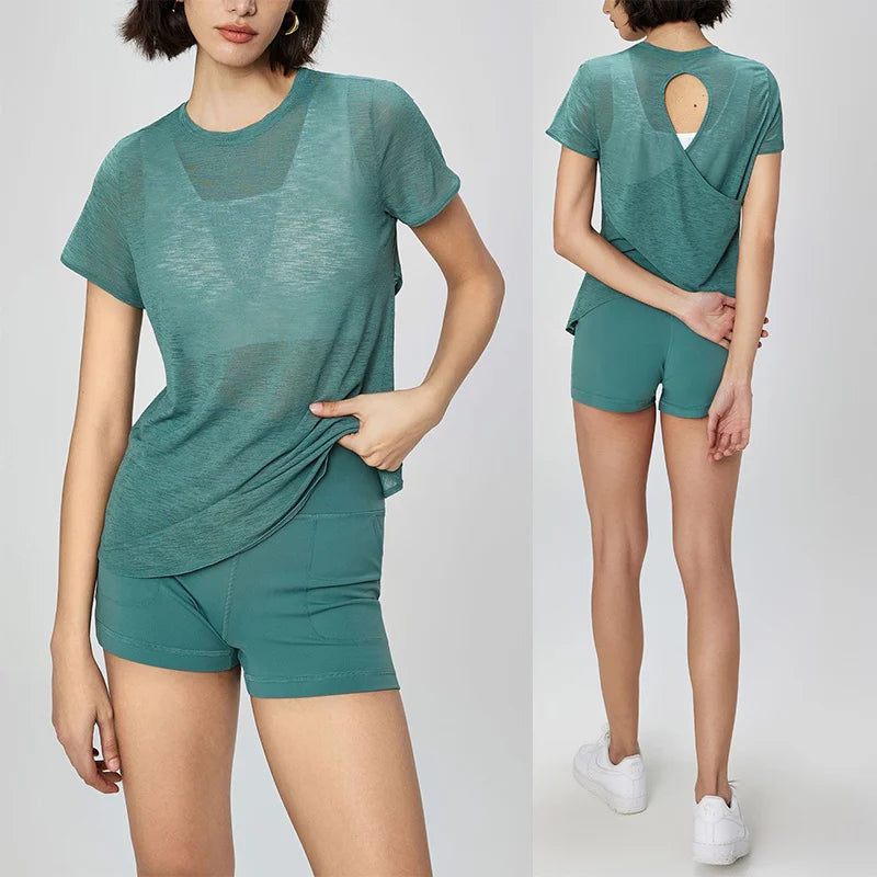 Aiithuug Breathable Mesh Yoga Short Sleeve Crisscross Back Yoga Short Sleeve Blouse Quick Dry Gym Shirt Casual Cutout Back Yoga