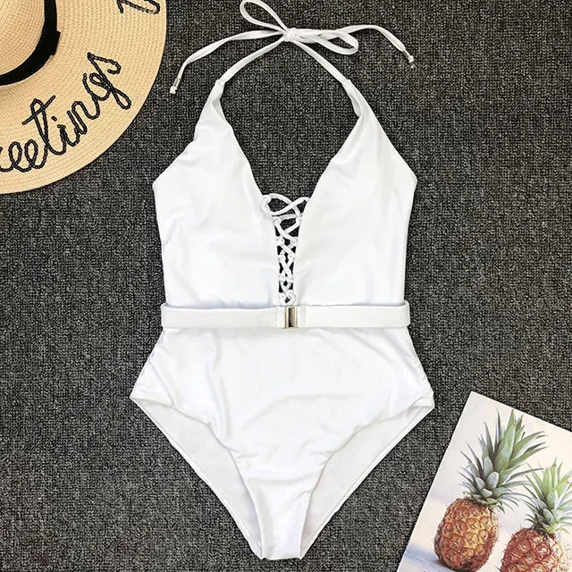 Lace Up Halter Female Swimwear One Piece Swimsuit Women Backless Monokini with Waist Belt Bathing Suit Swim Bodysuit