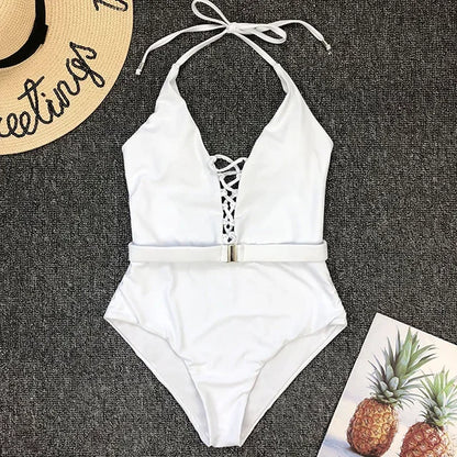 Lace Up Halter Female Swimwear One Piece Swimsuit Women Backless Monokini with Waist Belt Bathing Suit Swim Bodysuit
