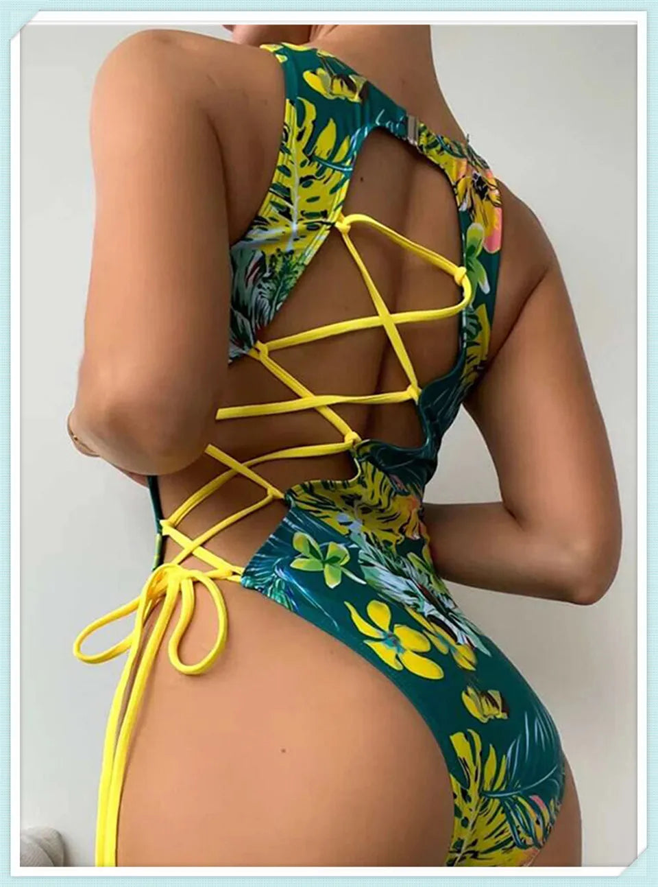 Lace Up Back Swimsuit One Piece Printed Swimwear Women Backless Bathing Swimming Suit Female Padded Beachwear Bodysuit