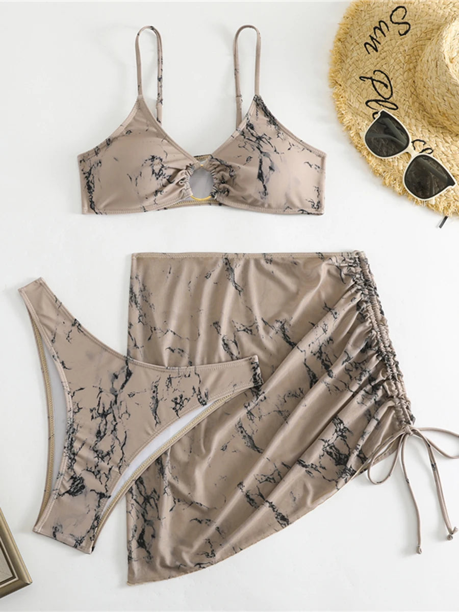 Ring Link 3 Piece Triangle Bikini String Skirt Swimsuit Women Swimwear Female Bather Bathing Swimming Swim Suit Beachwear