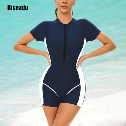 Short Sleeve Rash Guard Women Boyleg Sport One Piece Swimsuit Short Sleeve Athletic Swimwear Adult Bathing Suit for Training-Pool