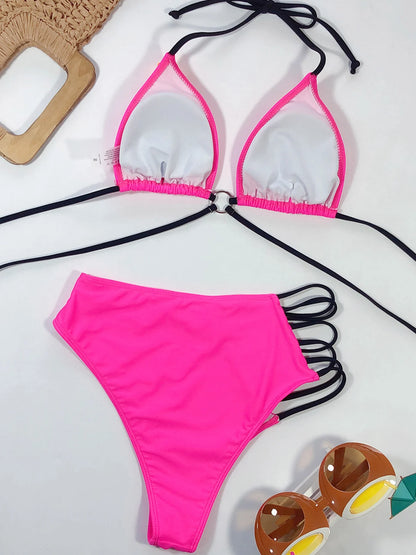 V Neck Print Hollow Bikini Set High Cut Halter Swimsuit For Women Backless Tied 2 Piece Swimwear Bathing Suit