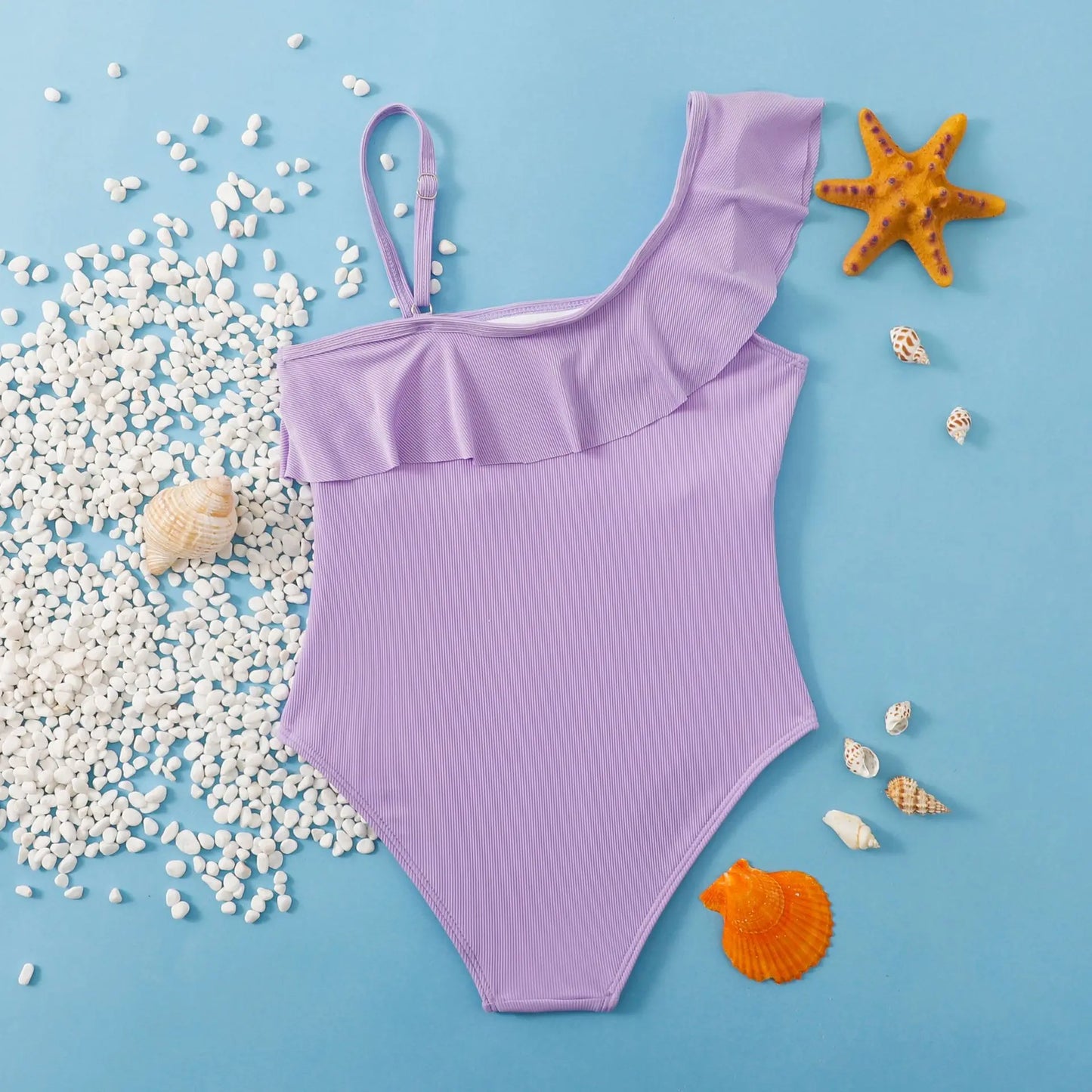 Purple Ruffle Girls One Piece Swimsuit 7-12 Year Kids Swim Suit Bodysuit Children's Swimwear Bathing Suits Beach