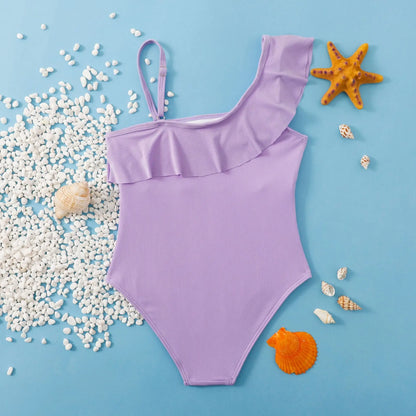 Purple Ruffle Girls One Piece Swimsuit 7-12 Year Kids Swim Suit Bodysuit Children's Swimwear Bathing Suits Beach