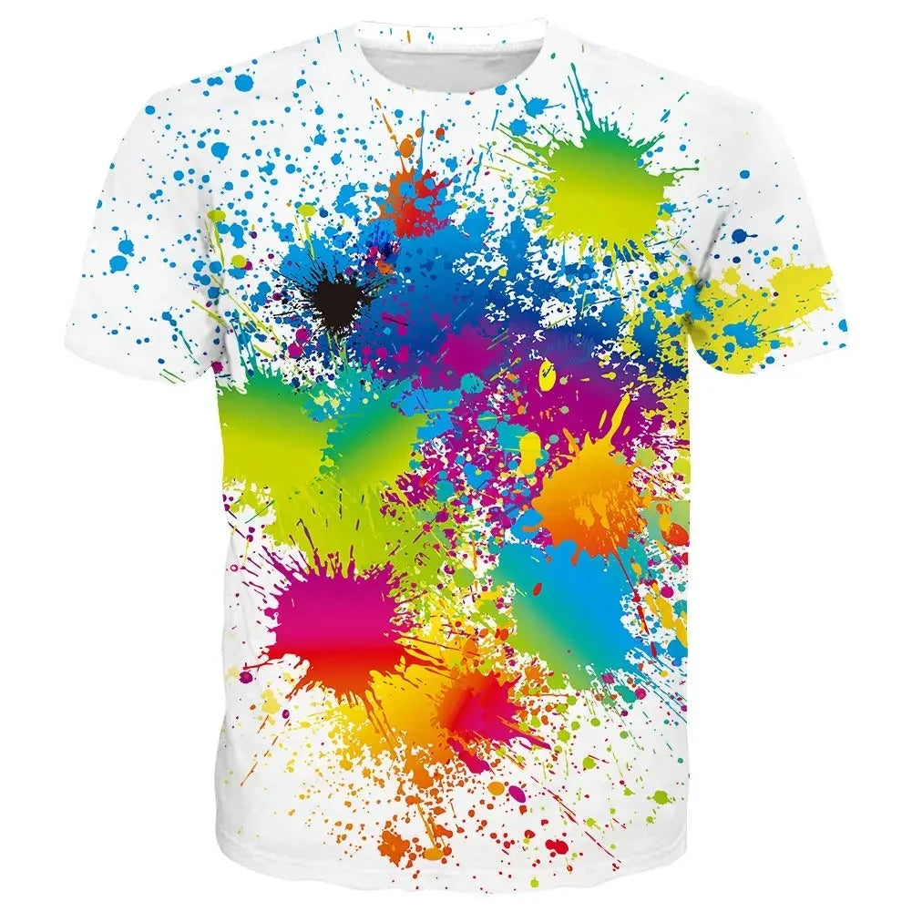 Rainbow Paint Splash Men's Printed T-shirt Hip Hop Street Fashion Harajuku Round Neck Comfortable Short Sleeve Top