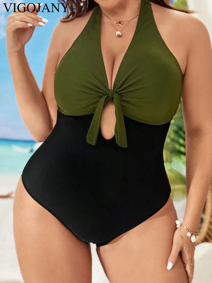 Solid Patchwork Plus Size Swimwear Women Tied Halter Hollow One Piece Swimsuit Push Up Backless Big Bathing Suit