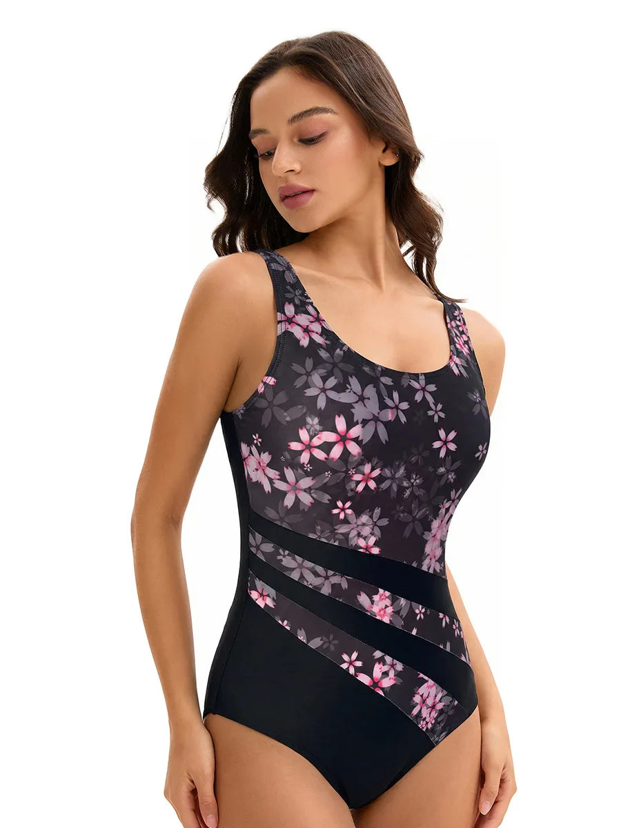 Triangle One-Piece Swimsuit with UPF 50+ Sun Protection Backless Printed Monokini Bathers Flowers