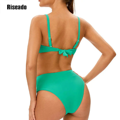 Solid Black High Waist Bikini Sets Swimsuit For Women V-neck Tank Two Pieces Swimwear