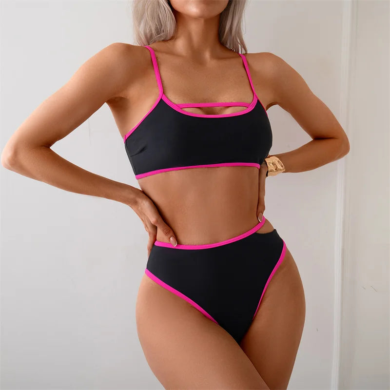 Bikini Sets Two Piece Swimsuits Padded Women Summer Triangle Contrast Trim High Leg Swimwear Ladies Cut Out Bathing Suit