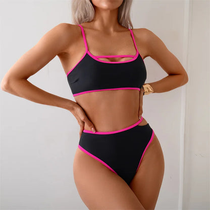 Bikini Sets Two Piece Swimsuits Padded Women Summer Triangle Contrast Trim High Leg Swimwear Ladies Cut Out Bathing Suit