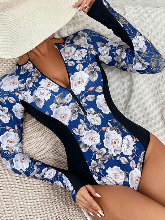 Printed Rash Guards Women Long Sleeve Spliced Bodysuit Vintage Classic Fashion Beachwear Summer Bathing Suit Bathers