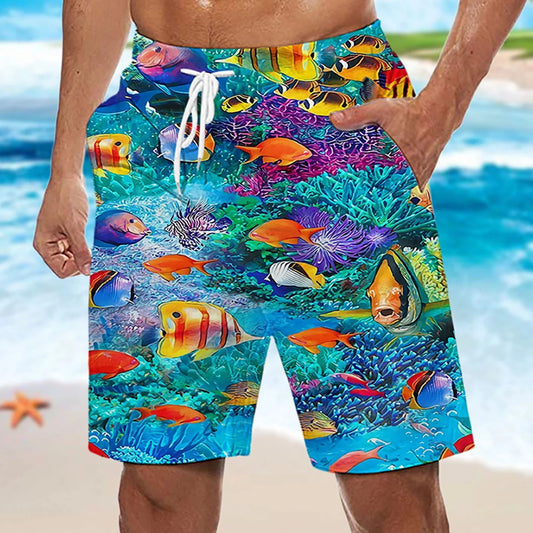 Ocean Fish Graphic Printed Men's Swim Board Shorts Hawaiian Boho Casual Summer Beach Swimming Shorts Breathable Shorts for Man