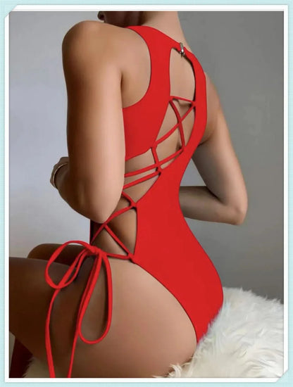 Lace Up Back Swimsuit One Piece Printed Swimwear Women Backless Bathing Swimming Suit Female Padded Beachwear Bodysuit