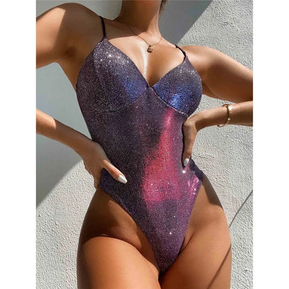 S - XL V Neck High Cut One Piece Swimsuit Women Swimwear Female Bather Shiny Glitter Sparkling Bathing Suit Swim
