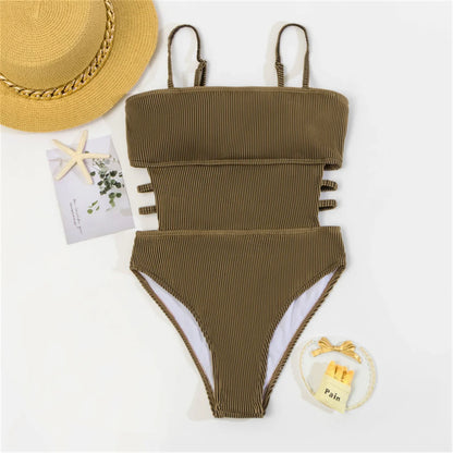 S - XL 11 Colors Ribbed Cut Out One Piece Swimsuit Women Swimwear Female High Leg Cut Padded Bather Bathing Suit Swim Lady