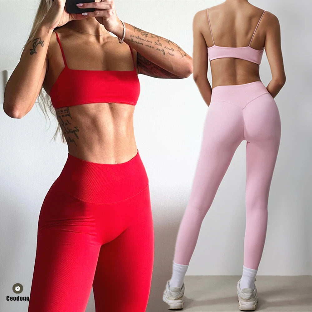 Mini Sports Bra for Women Yoga Set Backless Bandeau Strappy Gym Crop Top Seamless Scrunch Legging Workout Pant Active Wear