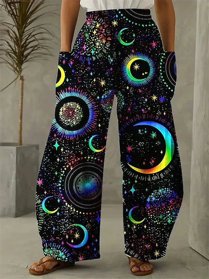 Simple Star And Moon Abstract Sun Print Pants Fashionable European And American Ladies Wide-leg Pants Delicate And Elegant Pants