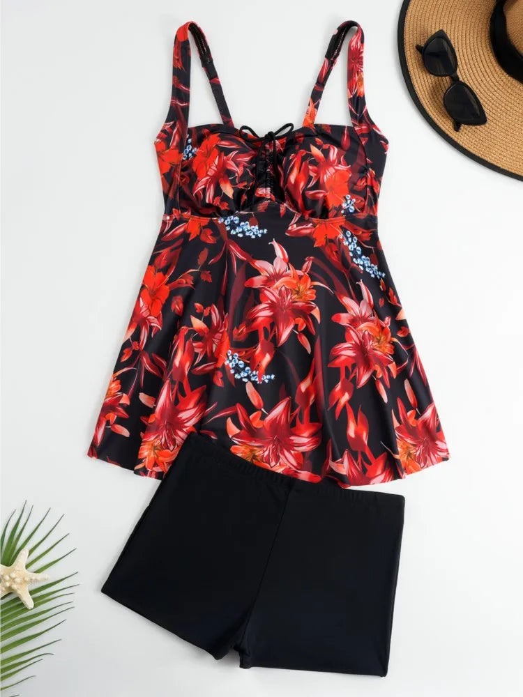Tankini Swim Dress Swimsuit Women Summer Bathing Suit Tankini with Shorts Bikini Set Sleeveless Swimwear Women Beach Swimming Suit For Female