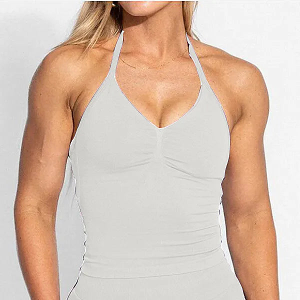 D-impact V Neck Gym Top Yoga Bra Longline Halter Women Seamless Sports Running Tank Fitness Workout Active Wear