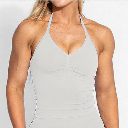 D-impact V Neck Gym Top Yoga Bra Longline Halter Women Seamless Sports Running Tank Fitness Workout Active Wear