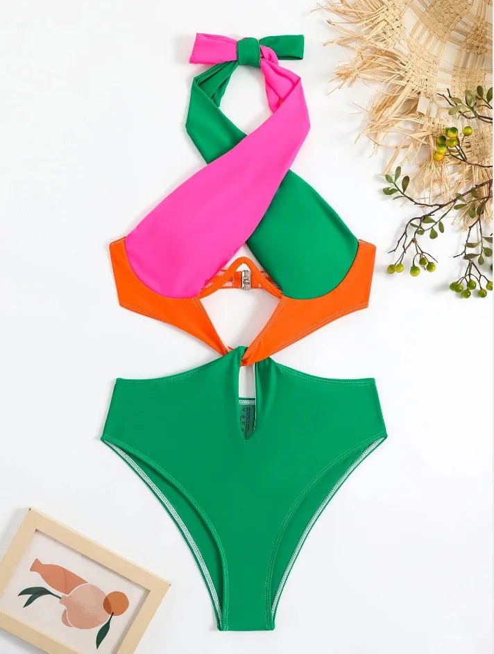 Orange Patchwork One Piece Swimwear Women Halter Cross Underwire Hollow Out Backless Bathing Suit Holiday Swimsuit