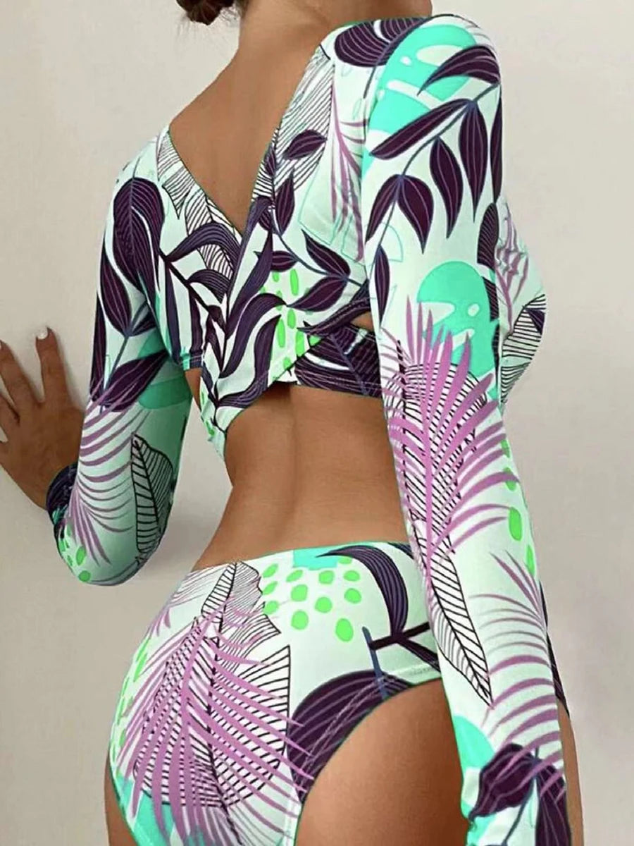 Tropical Leaf Print Long Sleeve Swimsuit One Piece Hollow Out Cross Swimwear Women Bathing Suit Padded Beachwear Swimming Summer