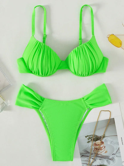 Neon Green Wrinkled Underwired Bra Cup Bikini Female Swimsuit Women Swimwear Two-pieces Bikini set Bather Bathing Suit Swim Lady