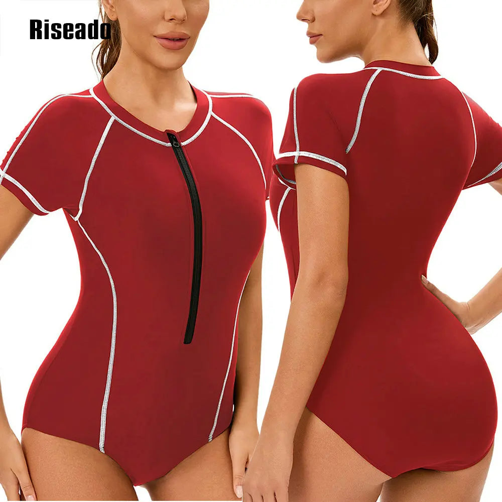 One Piece Swimsuit Mock Neck Zipper Short Sleeve Bathing Suit for Athletic beach clothes for lady