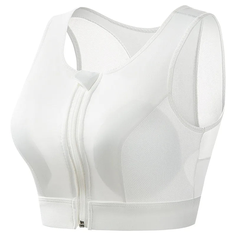 Women's Shockproof Gathered Front Zipper Yoga Bra With Padded Cup Wireless I-shaped Back With Mesh Running Sports Vest