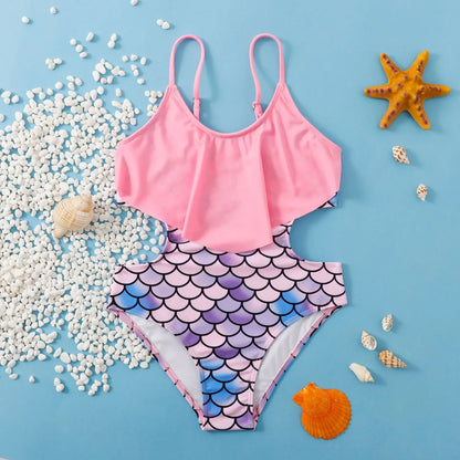 Retro Teenage Girls One Piece Swimsuit 7-12 Years Kids Swim Suit Ruffled Swimwear Children Mermaid Beach Wear Bathing Suits Pink