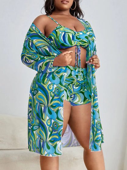 3 Pieces Large Size Bikini Printed Swimsuit Women & Kimono Drawstring Front Swimwear Female Bathing Swimming Suit Beachwear