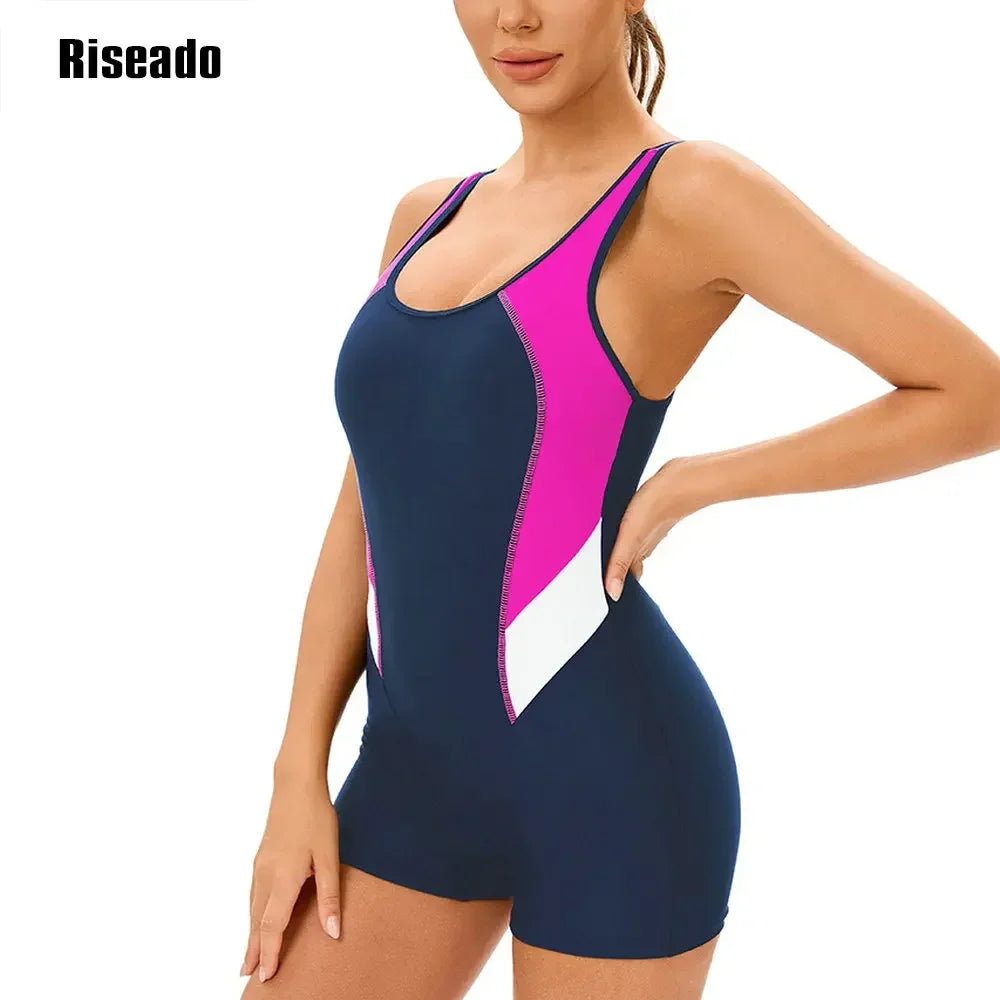 Women's Sport Beachwear One Piece Slimming Bathing Suit Splice Leg suit Korean Swimsuit for Pool Swimming