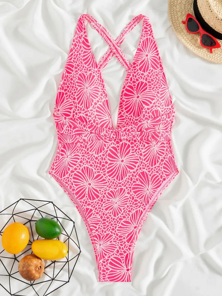 Lady Print Swimwear Women Deep V One Piece Swimsuit Monokini Cross Hollow Backless Beach Bathing Suit