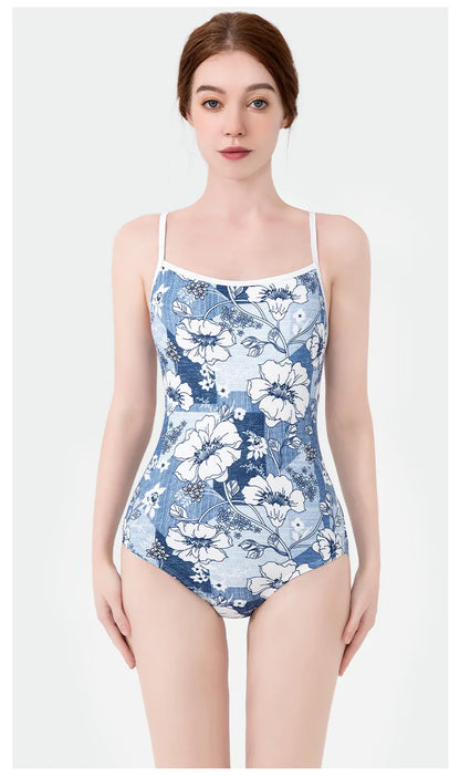 Women Vintage Racing One-piece Swimwear Sun Protection Professional Competition Flower Printed Swimsuit Training Bikini