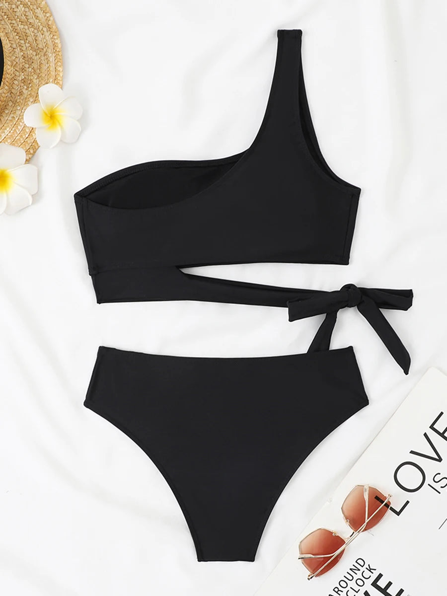 One Shoulder Bikini Set Swimsuit Women Solid Padded Swimwear Female Bathers Bathing Swimming Swim Suit Beachwear