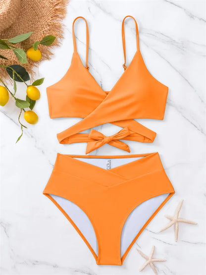 Solid Strapped Bikini Set Push UP Hollow Swimsuit Women Swimwear Biquinis High Waist Backless Bathing Suit