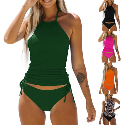 Women's 2 Piece Outfits Swimwear Bikini Set Coquette Halter Sleeveless Backless Crop Tops Solid Color Briefs