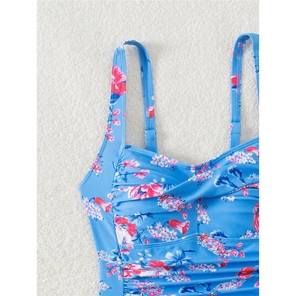 S - XL Flowers Printed Floral Wrinkled One Piece Swimsuit Women Swimwear Female High Leg Cut Bather Bathing Suit Swim